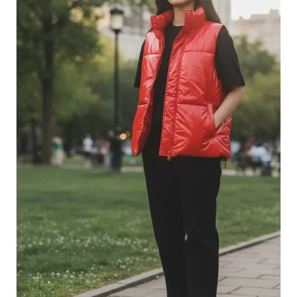 A New Day Womens Red Puffer Vest Lightweight Quilted Outerwear W/ Pockets Small - Picture 2 of 10